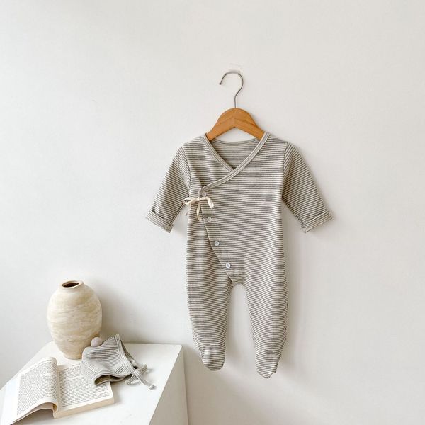 jumpsuits kid boy simple striped soft single breasted romper girl autumn fashion cotton long sleeves jumpsuit with cute bear cap 230228