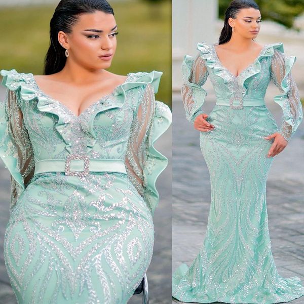 mint green mermaid long sleeve evening dresses 2022 sparkly plus size arabic aso ebi ruffles shoulder prom engagement gown