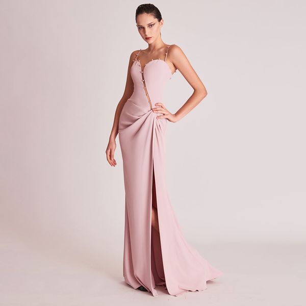 pink spaghetti strap evening dresses pick-ups side split mermaid formal gown pearls satin womens special occasion dress