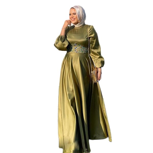 sage a line muslim evening dresses crystal beaded morocco womens formal gown puffy sleeve long robes de soiree