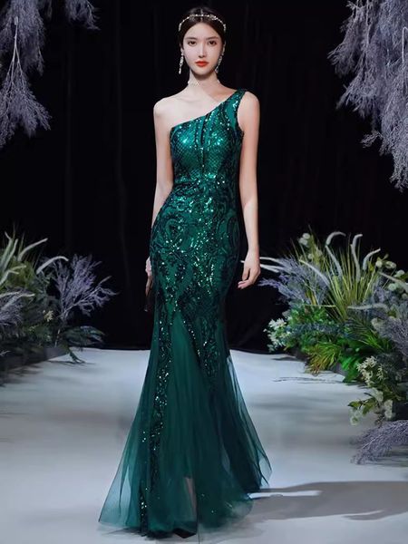 stunning green sequin prom evening dresses long mermaid one shoulder party sleevless ball party gowns formal women robe de soiree