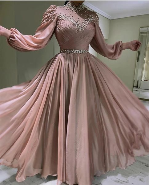 sweety floor length pink a line evening dresses pearls beaded high neck long sleeves chiffon formal party gowns pleats muslim prom dress