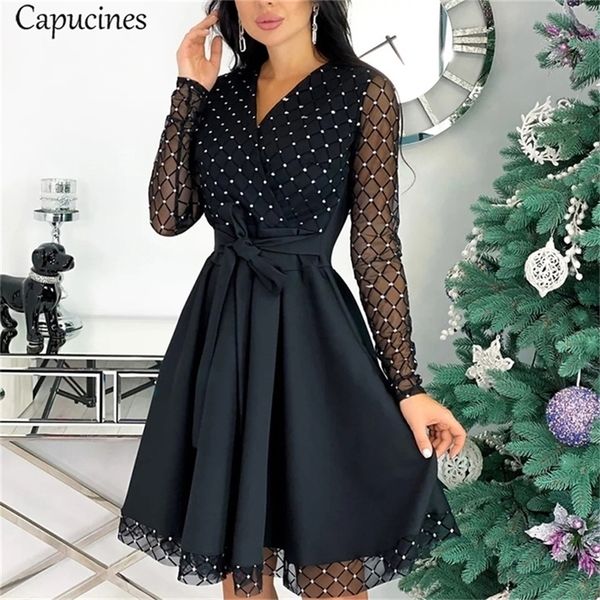 Capucines Shiny Sequin Mesh Stitching Woman Dress Spring Autumn Long Sleeve A Line Belted Ladies Elegant Party Dresses 220406 Capucines Shiny Sequin Mesh Stitching Woman Dress Spring Autumn Long Sleeve A Line Belted Ladies Elegant Party Dresses 220406